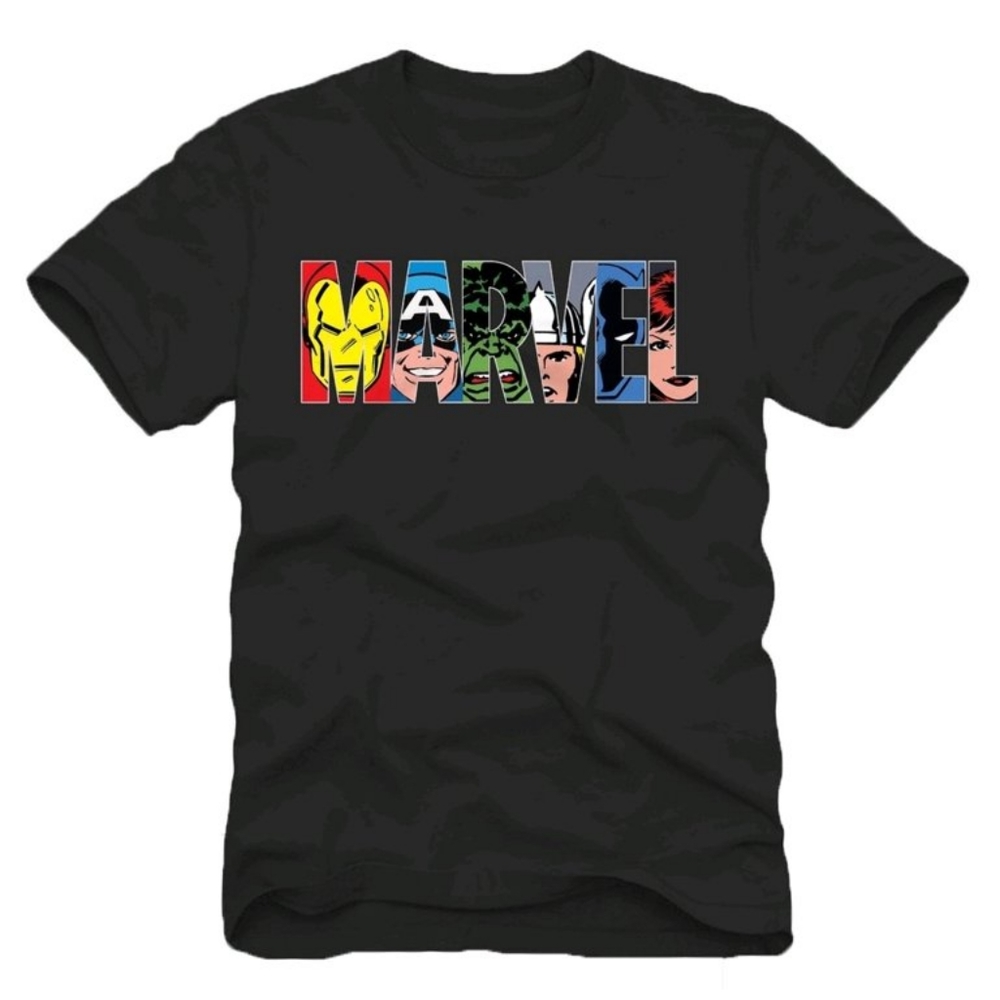 07. Marvel Logo Avengers Faces Black Short Sleeve Graphic T-Shirt